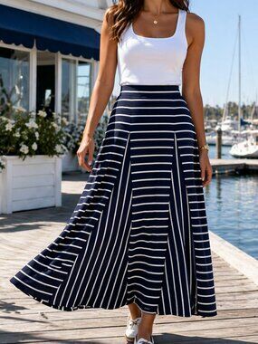 LAUREN RALPH LAUREN Navy Blue & White Stripe Knit Flared Panel Midi Skirt